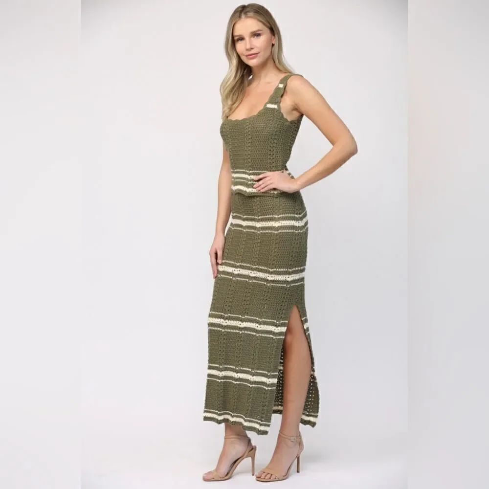 038. Crochet Tank & Skirt Set- Olive/Cream